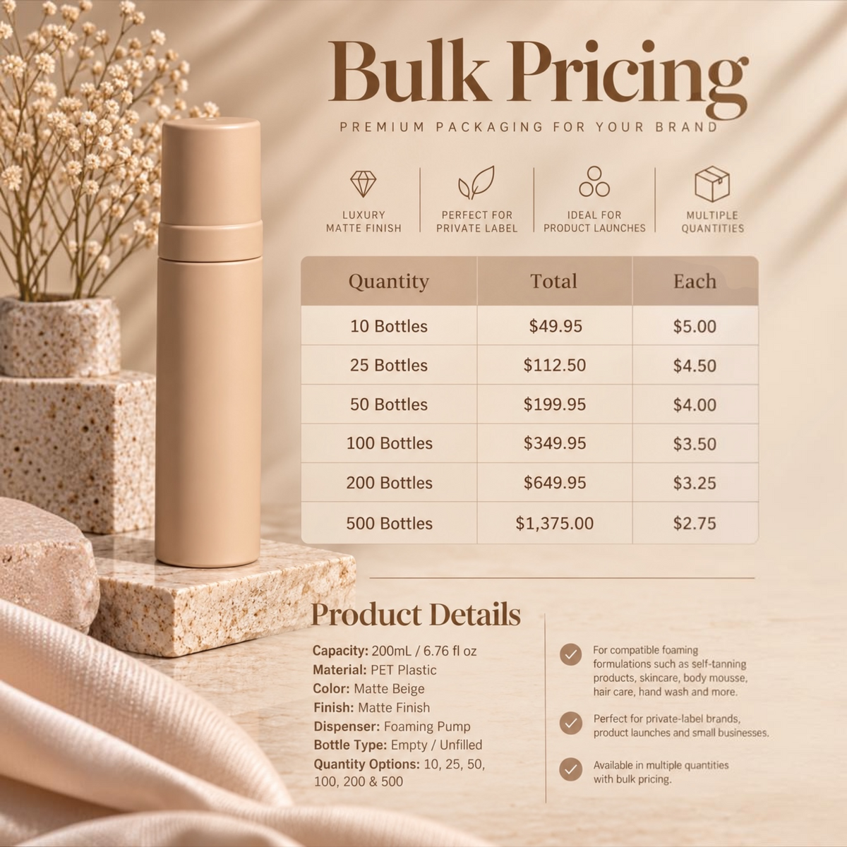 200mL Matte Beige Foaming Pump Bottles – Premium Cosmetic & Mousse Packaging